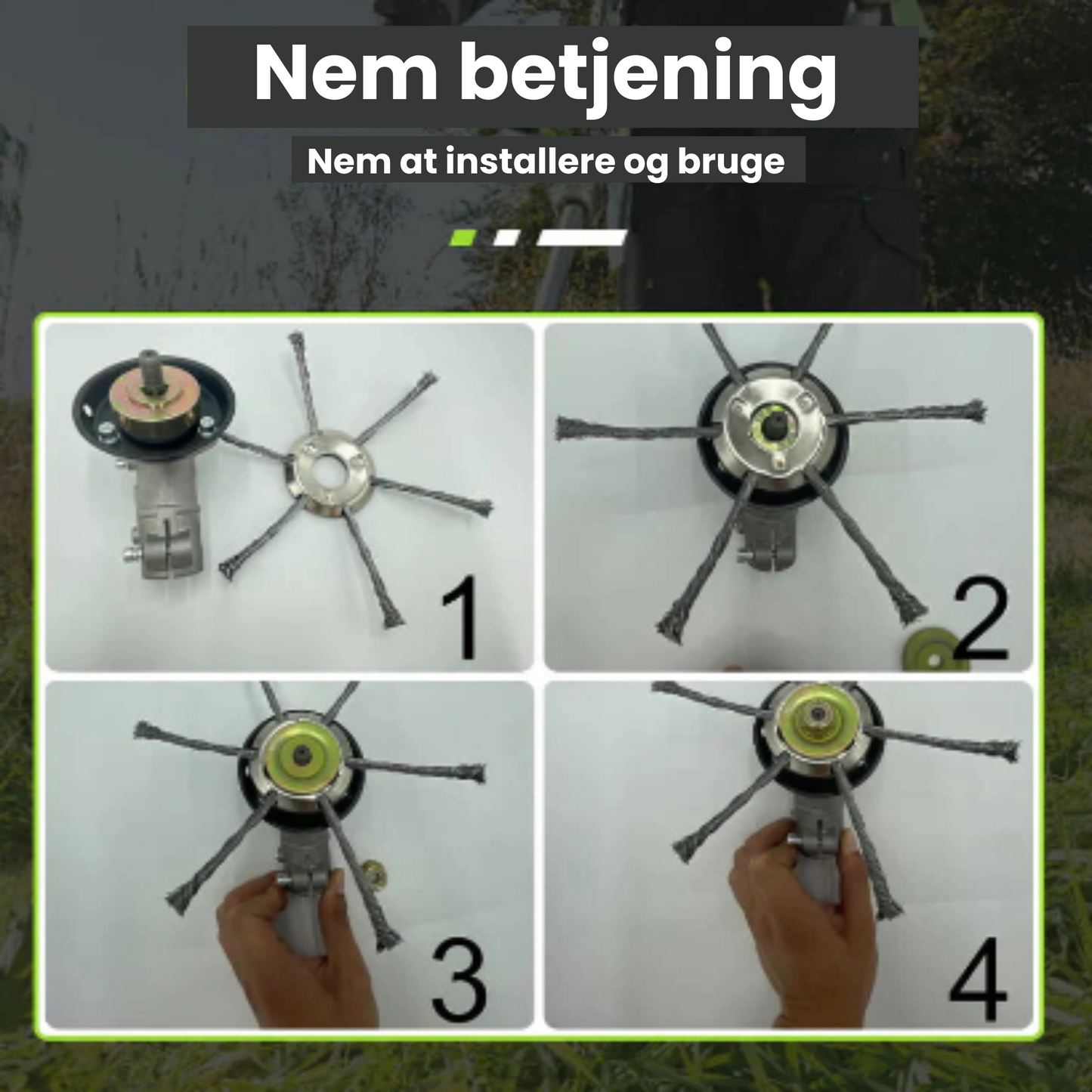 Trimmerhovedet har 6 grene flettet med holdbart ståltråd